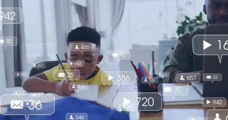 Poster - Studying at table, children with social media notifications animation popping up