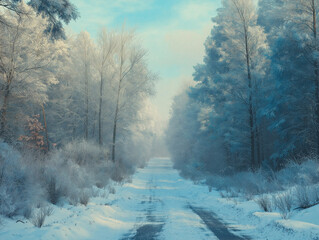 A high quality snowy landscape of a peaceful countryside with rolling hills, white snow