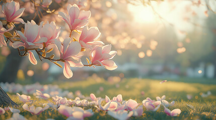 Wall Mural - A high-resolution photo of a blooming pastel-colored magnolia tree in a city park, with soft petals scattered on the grass below