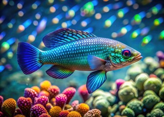 Vibrant lanternfish with iridescent scales and bioluminescent lures on its belly swims amidst coral reef, surrounded by shimmering schools of small fish in turquoise waters.