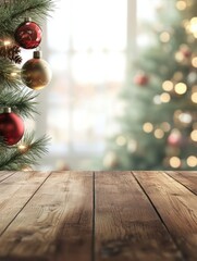 empty wooden table with christmas theme in background