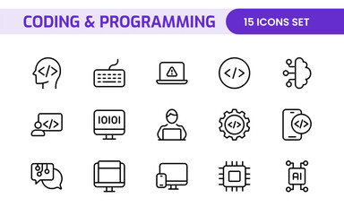 programming coding set of web icons in line style. software development icons for web and mobile app