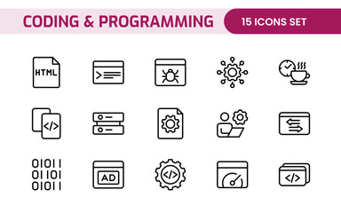 Programming coding set of web icons in line style. Software development icons for web and mobile app. Code, api, programmer, developer, information technology, coder and more.
