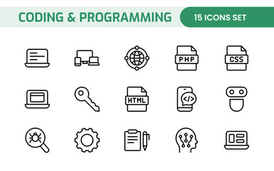 Programming coding set of web icons in line style. Software development icons for web and mobile app. Code, api, programmer, developer, information technology, coder and more.
