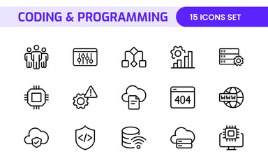 Programming coding set of web icons in line style. Software development icons for web and mobile app. Code, api, programmer, developer, information technology, coder and more.