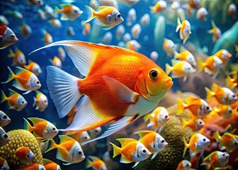 Wall Mural - Vibrant orange and white angelfish with long, flowing fins swims solo in a coral reef, surrounded by schools of smaller fish in a sunny aquarium.