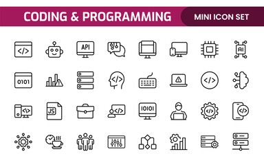 Programming coding set of web icons in line style. Software development icons for web and mobile app. Code, api, programmer, developer, information technology, coder and more.