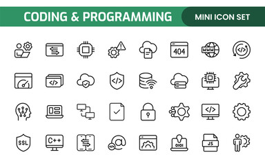 Programming coding set of web icons in line style. Software development icons for web and mobile app. Code, api, programmer, developer, information technology, coder and more.