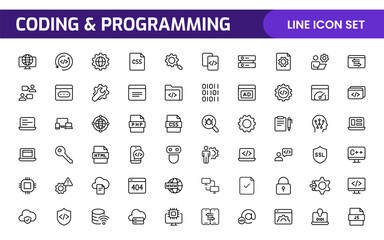 programming coding set of web icons in line style. software development icons for web and mobile app