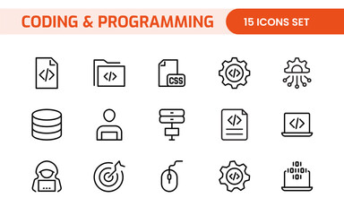 Programming coding set of web icons in line style. Software development icons for web and mobile app. Code, api, programmer, developer, information technology, coder and more.