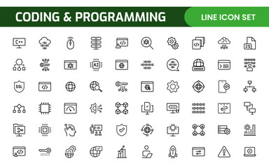 Programming coding set of web icons in line style. Software development icons for web and mobile app. Code, api, programmer, developer, information technology, coder and more.