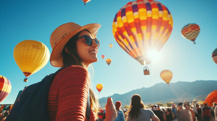 Albuquerque Balloon Festival, hot air balloons with bright colors flying high above the distant mountains, people smiling and taking photos, Ai generated images