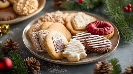 Christmas cookies arranged on holiday themed plate