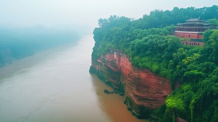 Aerial perspective of the majestic Leshan Giant Buddha, dominating the convergence of rivers shrouded in mist, evoking an ethereal and serene ambiance.