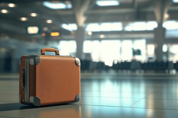 Wall Mural - Suitcase on the floor of the airport terminal. 3D rendering. Business trip with suitcase and airport background. Travel and vacation concept, with generative ai