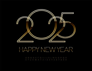 Wall Mural - Vector stylish Greeting Card Happy New Year 2025! Unique Trendy Font. Slim Gold Alphabet Letters and Numbers set