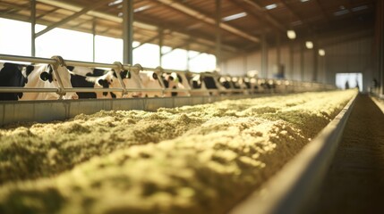 Holstein cows enjoying hay in a sunlit dairy barn  a glimpse into modern livestock farming