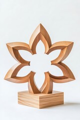 Wooden ornament with a star and arches, mounted on a wooden cube base for a lamp or candle holder, isolated on a white background.