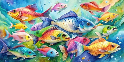 Wall Mural - Vibrant watercolor fish painting featuring a school of colorful scales, fluid brushstrokes, and soft blended hues, evoking a sense of whimsy and aquatic wonder.