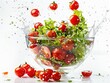 © NIPAPORN - Cherry tomatoes splashing into a salad bowl freshness and health