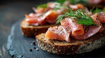 Sticker - Slices of rye bread with a topping of smoked fish and dill, with plenty of room for copy space