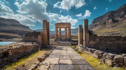 Wall Mural - Ancient ruins with towering columns amidst a scenic landscape and blue sky.