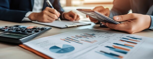 Poster - business meeting with charts and calculator