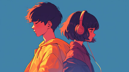 Wall Mural - Cool Anime manga boy and girl teenager listening lofi music with headphones background	
