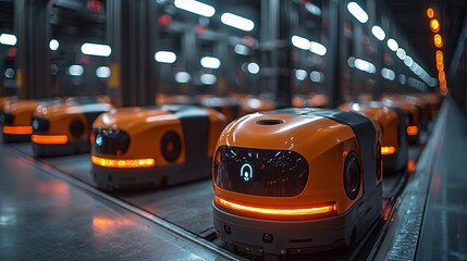 A futuristic distribution center with AR-guided robots sorting and packing packages for delivery.