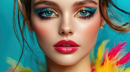 Wall Mural - portrait of a young woman with vibrant makeup and accessories.