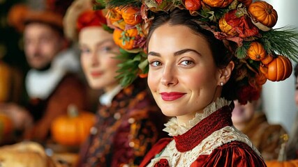 Poster - A woman in traditional European attire with a pumpkin headdress celebrates harvest festival or Thanksgiving, showcasing fall festivities and cultural heritage