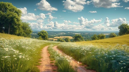 A serene landscape featuring a winding path through a field of flowers under a bright sky.