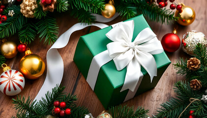 Wall Mural - A green gift box with a white ribbon bow, surrounded by Christmas tree branches, ornaments, and other holiday decorations on a wooden surface