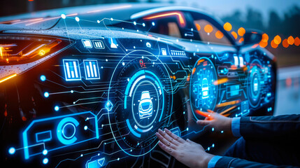 Poster - Futuristic Intelligent Car with Graphical User Interface at Night: Heads-Up Display, Internet of Things, Connected Vehicle Technology with Interactive HUD Display