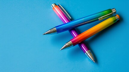 Three vibrant, rainbow-colored pens arranged on a bright blue background. The pens showcase a gradient design with silver accents, adding a touch of elegance and playfulness to the composition.