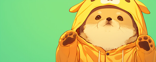 Sticker - Cute cat wearing anime onesie dog costume background.