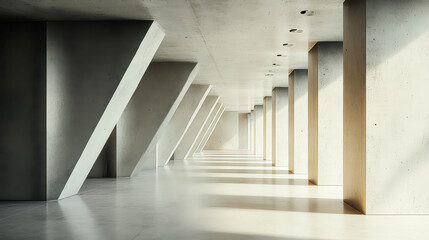 Poster - Minimalistic Concrete Interior with Sunlit Columns in Modern Architectural Design, Spacious Symmetry, Daylight, Futuristic, Urban Loft Style, Empty Hallway, Clean Lines, Raw Industrial Aesthetics