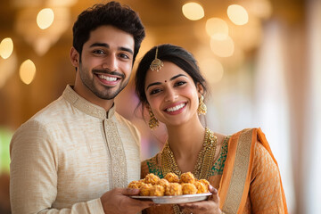 A handsome young Indian couple in traditional attire, holding an elegant plate of laddus or sweet treats, with the woman wearing intricate jewelry and a beautiful sari