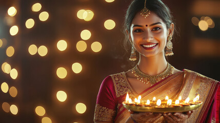 Wall Mural - A joyful Indian woman in traditional silk attire, holding a brass plate filled with burning diyas.