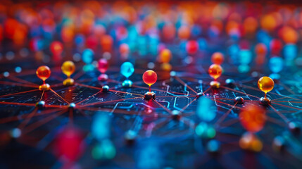 Poster - colorful pushpins representing connections in a complex social network on a dark surface with glowin