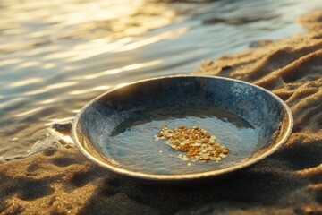 gold discovery in river sand shallow depth of field.