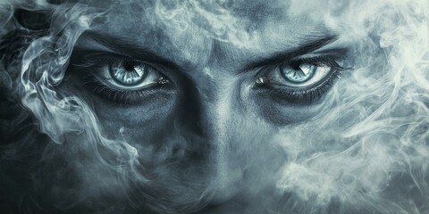 Wall Mural - Intense blue eyes piercing through smoke.