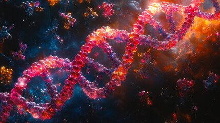Poster - Vibrant Abstract Render of DNA Strands, Molecular Structure in Space, Cosmic Genetic Art, Science Visualization, Colorful Scientific Artwork, Digital Genetics