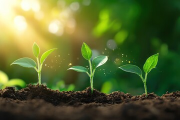 Wall Mural - Three Young Seedlings Emerging From Soil