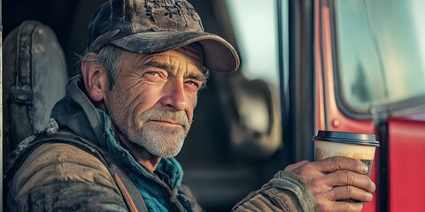 A man in a truck, holding a cup of coffee.