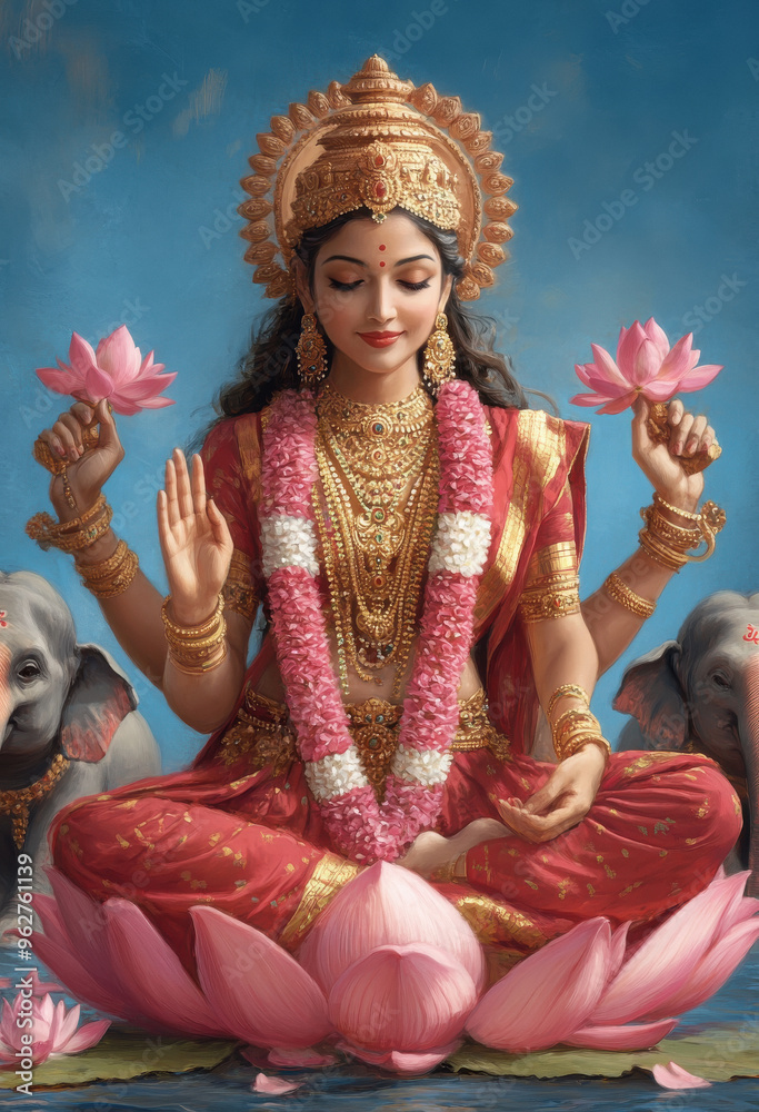 Goddess Devi sitting on a lotus, with four arms and an elephant behind ...