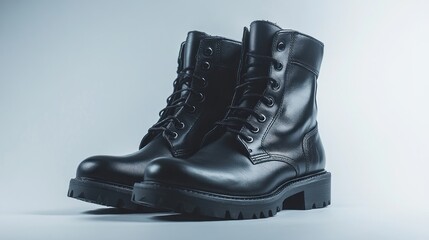 Wall Mural - A pair of sturdy black leather boots with a rugged sole, designed for durability and style.