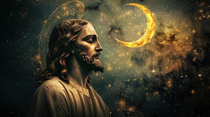 A starry night background with Jesus illuminated by a golden crescent moon