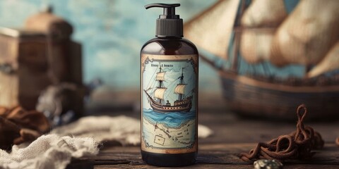 Sticker - A bottle of soap with a pirate ship design.