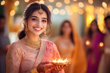 A joyful Indian woman in traditional silk attire, holding a brass plate filled with burning diyas.